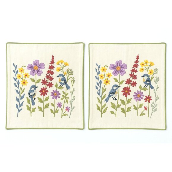 Embroidered Floral Bird Pillow Covers Set of 2 Square Decorative Throw Botanical - Picture 2 of 13